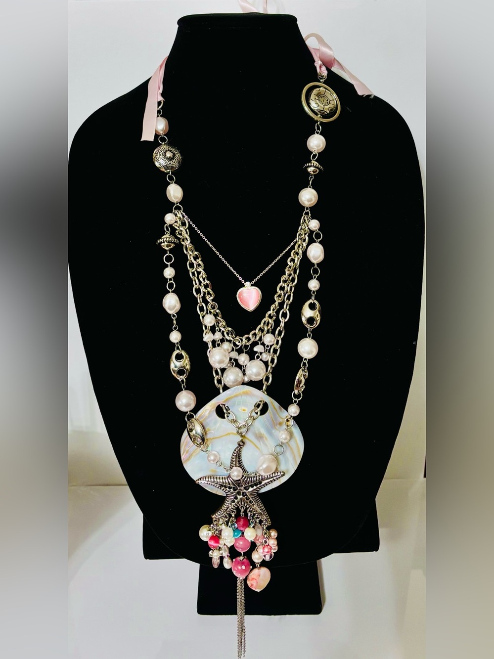 Pink Boho Mermaid Statement Layered Artisan Necklace Starfish Mother of Pearl